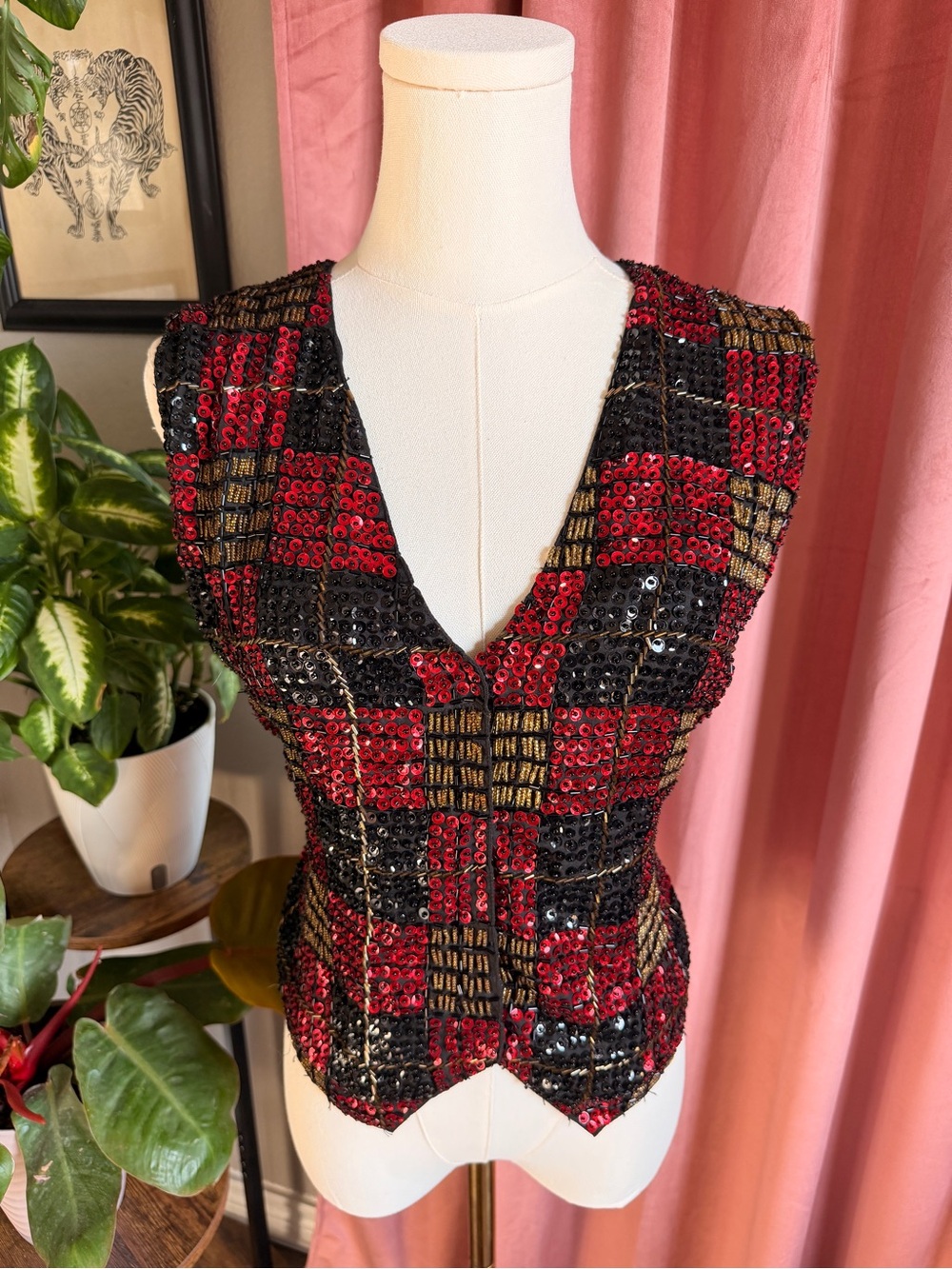 Everett Collection Vintage Sequin Checkered Vest in Red, Black & Gold